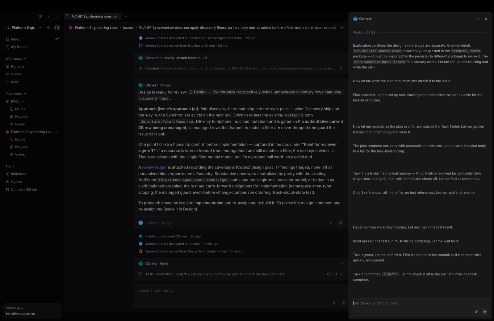 The agent session thread: thoughts and actions streaming as the clanker works